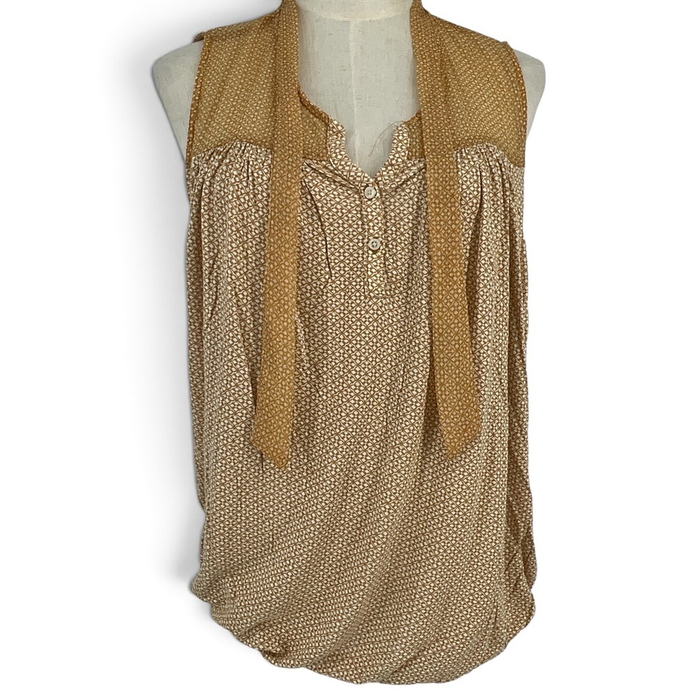 Loft Mustard Yellow Geometric Diamond Print Tie Neck Sleeveless Blouse Large